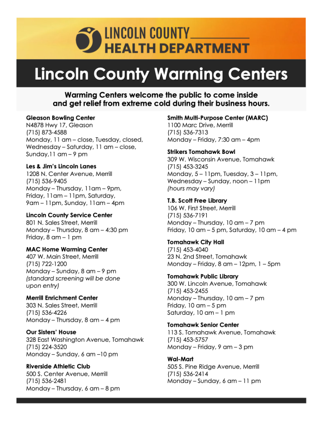 LINCOLN COUNTY HEALTH DEPARTMENT RELEASES LIST OF REGIONAL WARMING CENTERS